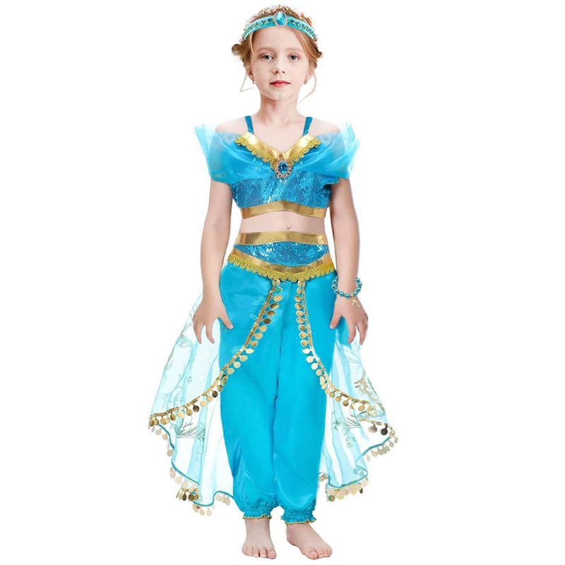 Yosbabe 6Pcs Princess Jasmine Costume Dress up Accessories for Girls Arabian Princess Jasmine Cosplay Headband Gloves Tiara Crown Necklace Wand Earrings Halloween Party Dress up for Kids - Image 3